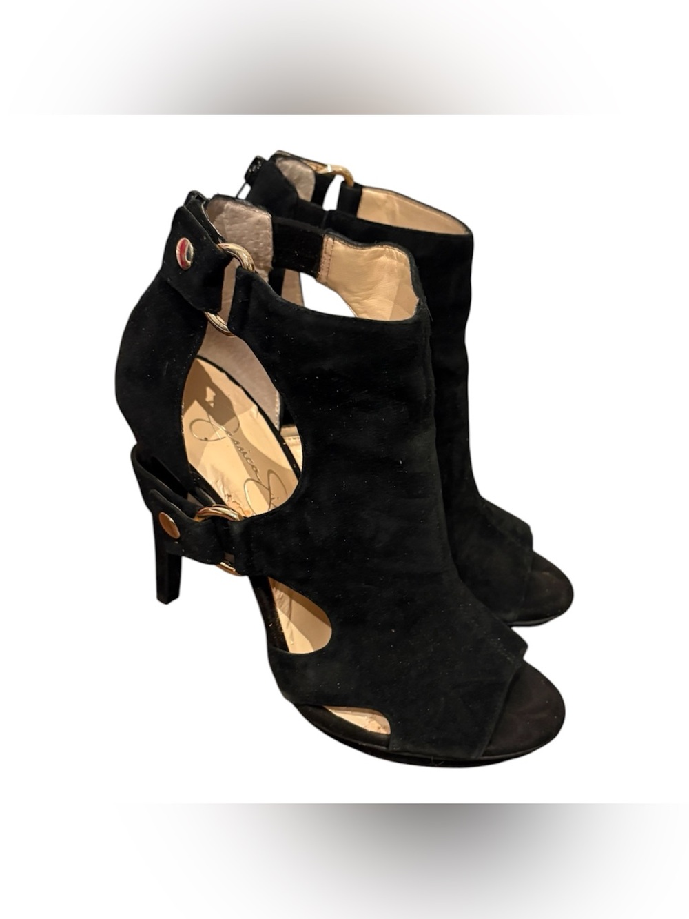 JESSICA SIMPSON Black Suede Peep Tow Cutout High Heels - Picture 6 of 6